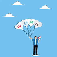 Man holding balloons with inscription work