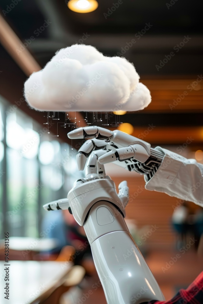 Poster robotic arm interacting with cloud computing system, symbolizing ai and data storage.