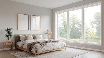 Fototapeta premium Spacious modern bedroom featuring a cozy bed, natural light, and minimalist decor for a serene atmosphere.