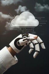 Robot Hand and Cloud Computing Icon Concept of Cloud Technology, Data Storage, and AI