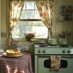 Vintage Kitchen Charm: Sun-drenched cottage kitchen exudes warmth and nostalgia, featuring a freshly baked pie, floral curtains, and a mint green vintage stove.