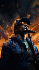 Fototapeta premium Hip Hop Artist Performing on Stage with Dynamic Lighting