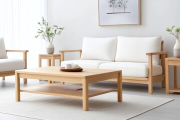 Modern Living Room with Wooden Furniture, White Sofa, and Beige Rug