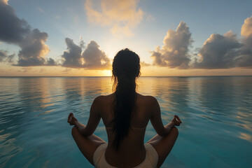 Fototapeta premium photo of a woman meditating in front of a calm sea with clear water at sunrise, with soft light filtering through the clouds, emphasizing mindfulness and inner peace