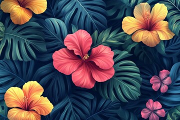 Fototapeta premium A background with tropical leaves and exotic flowers. Generative AI