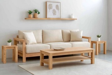 Obraz premium Simple and Elegant Living Room with Wooden Furniture, White Walls, Beige Sofa, and Coffee Table in the Center