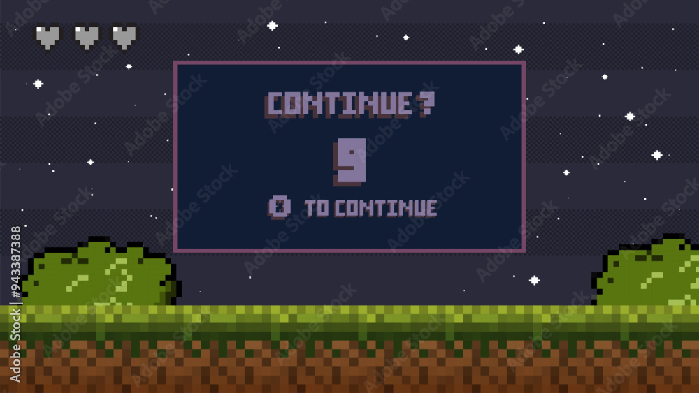 Poster press key to continue playing.countdown to continue after the game over screen, retro 8 bit style.pi