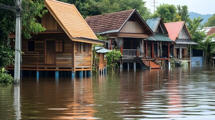 Obraz premium Flooded traditional Thai wooden houses surrounded by floodwaters in rural riverside village