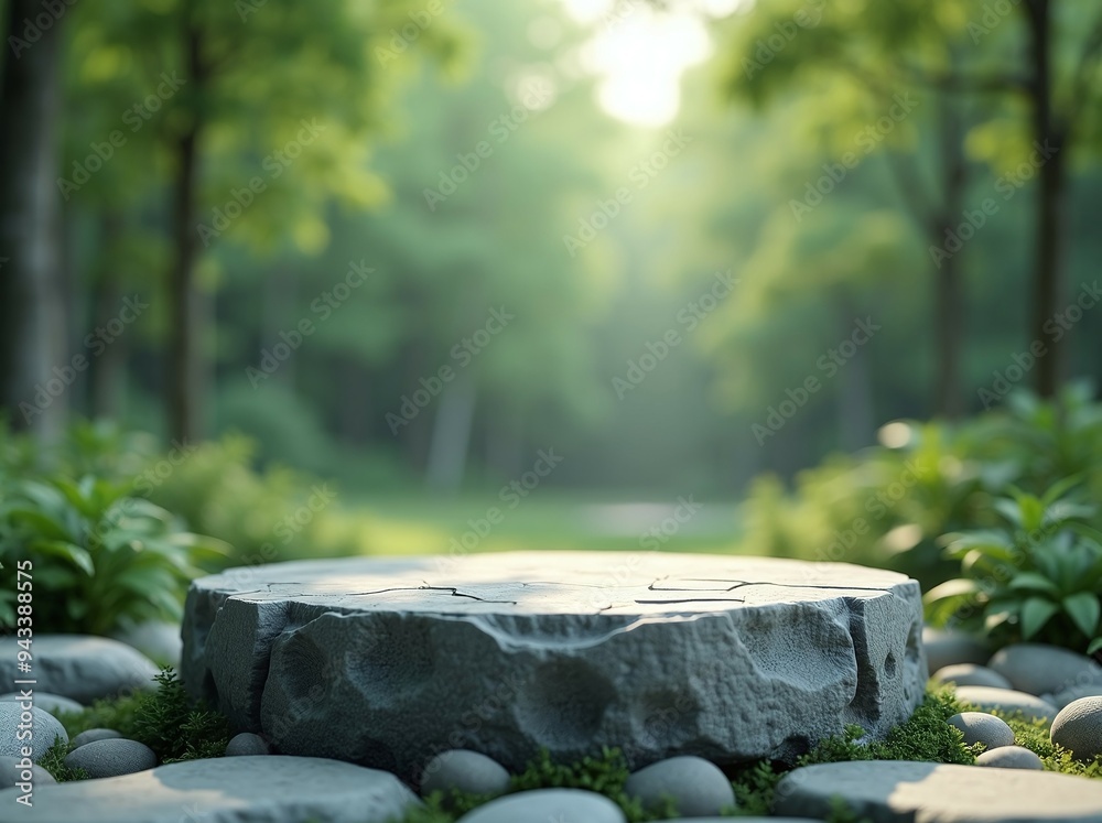Poster a circular stone platform peeking through the dense forest greenery.