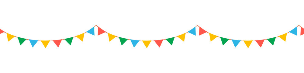 Seamless border with hanging circus garlands. Carnival flags for children. Vector illustration isolated on white background