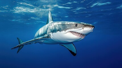 Fototapeta premium Great White Shark Swimming in the Blue Ocean