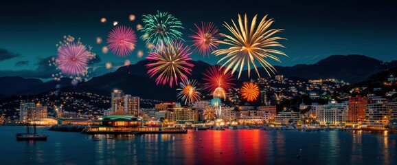 Fototapeta premium Fireworks Display over City Skyline at Night