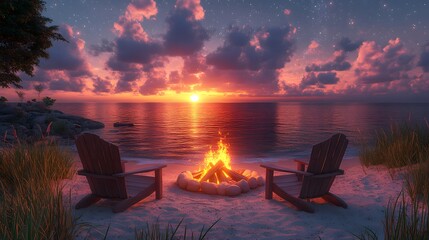 Obraz premium Relaxing summer evening with a bonfire on the beach, starry sky, and cozy seating, 3D animated background.