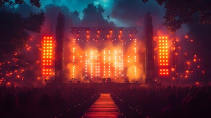 Obraz premium Outdoor summer concert with a stage, audience, and colorful lights, animated in 3D.