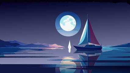 Sailboat under a full moon on a tranquil sea at night