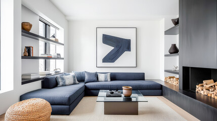 Fototapeta premium Luxury Penthouse Living A Sophisticated and Elegant Living Room with Plush Velvet Seating Marble Accents and Panoramic Views of a Stunning Skyline Embodying Modern Urban Opulence