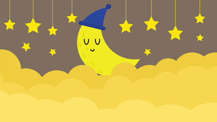 Vector night background . Cute flat style template with Stars in sky and cloud, vector illustration, cute illustration.