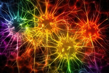 Fototapeta premium Interconnected neurons are depicted in a colorful, abstract visualization, with bright lines emanating from each cell