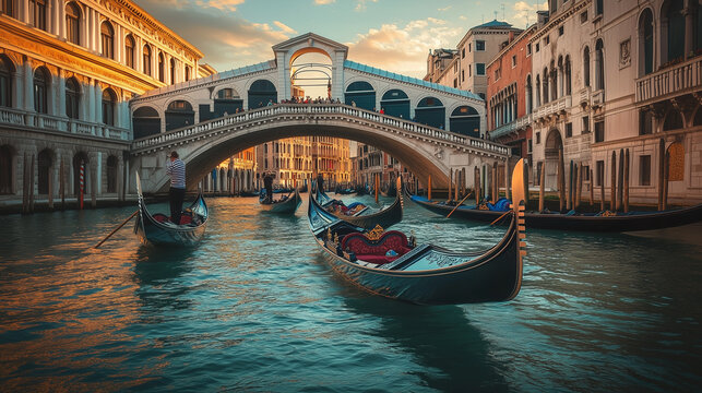 Traditional boat parade Regata Storica, rows of magnificent gondolas sailing under the Rialto bridge, old Venetian buildings with classical architecture are visible in the background