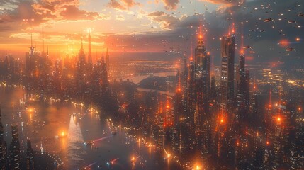 Fototapeta premium Futuristic Cityscape at Sunset Generative AI