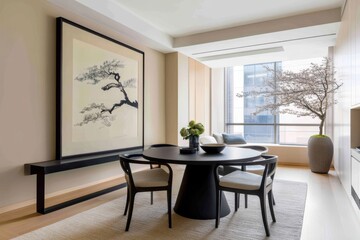 Fototapeta premium Minimalist living room in Japanese style with large artwork on the wall, black round table and chairs