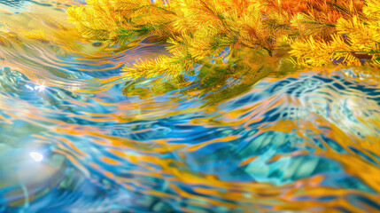 Obraz premium Vibrant close-up of a water surface reflecting yellow aquatic plants, creating a mesmerizing blend of colors and ripples.