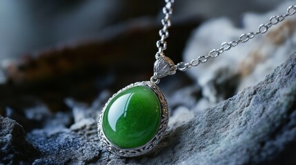 Fototapeta premium Green Jade Pendant Necklace on a Rough Surface