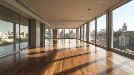 Empty high-ceilinged apartment with contemporary architectural elements and large open spaces, suited for interior design projects.