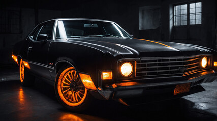 Obraz premium Dark vintage car in dim light inside abandoned building with headlamp glow and shadowy details, front view.