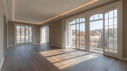 Contemporary apartment with empty rooms, high ceilings, and stylish finishes, designed for showcasing interior design possibilities.