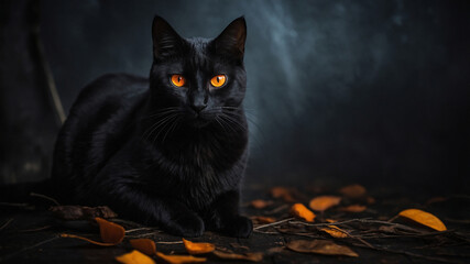 Majestic black cat with piercing orange eyes sitting amidst fallen leaves in a mysterious setting.