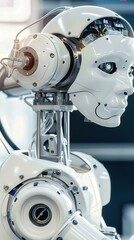 Fototapeta premium A white robot's head is shown with its internal components exposed, revealing intricate circuitry and mechanical parts. The robot's face has a human-like appearance, with a single blue eye visible