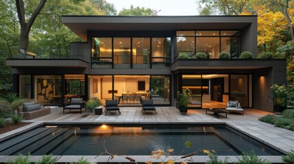 Modern architectural marvel with a serene outdoor pool amid lush greenery in the late afternoon sun. Generative AI