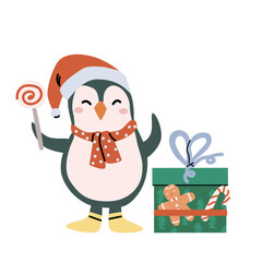 Childrens cute xmas penguin character, smiling person with gift. Happy holidays concept design. Christmas and new year flat cartoon celebration fairy character. Cute childrens animal.