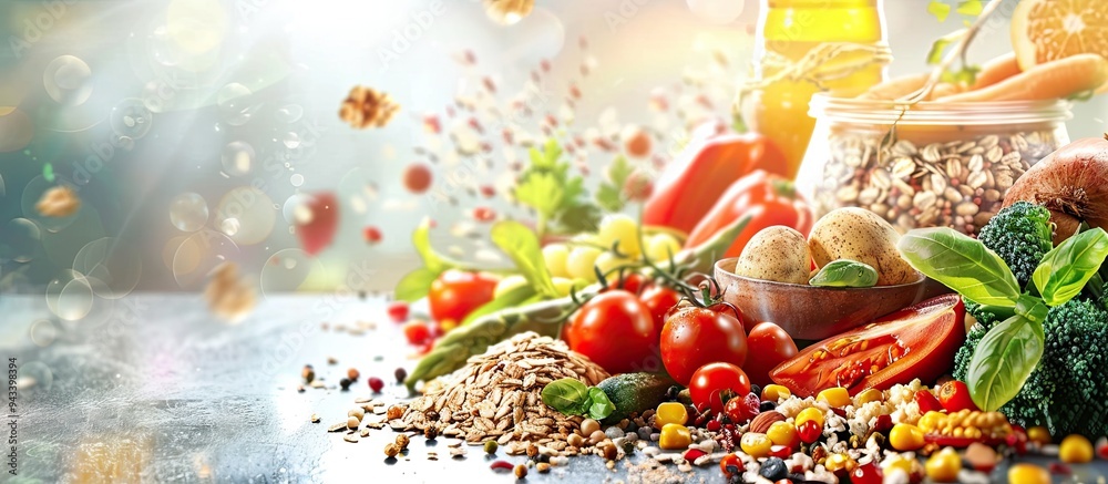 Poster nutritious and healthy eating with a variety of fresh vegetables and cereals displayed with copy spa