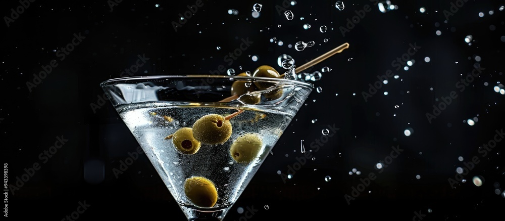 Poster classic dry martini cocktail with green olives on a black background with splashes and space for you