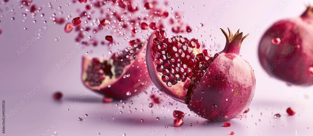 Poster Pomegranates with seeds flying in the air against a lilac background with copy space image