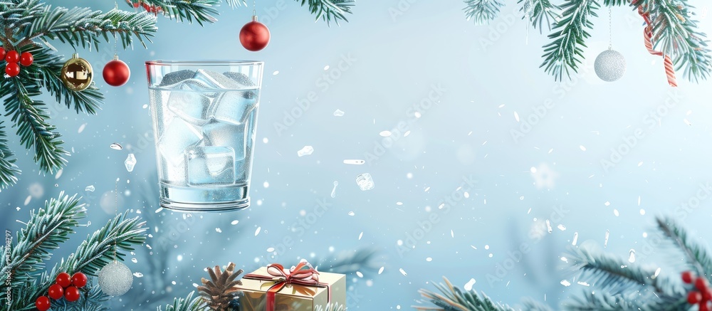 Poster a template for designers featuring ice glass christmas tree branches and gift boxes with a copy spac