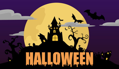 Halloween in purple tones with silhouettes of castles and houses on a full moon night.