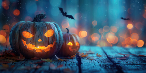 Obraz premium Illuminated jack o lantern pumpkins and candles are sitting on a wooden surface with spooky forest and bats in the background. Jack O Lantern. Halloween. Banner. Copy space