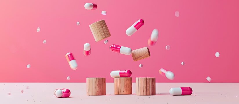 Patient Portal symbol displayed on wooden blocks against a lovely pink background adorned with pills illustrating the connection between medicine and Patient Portal Copy space image included