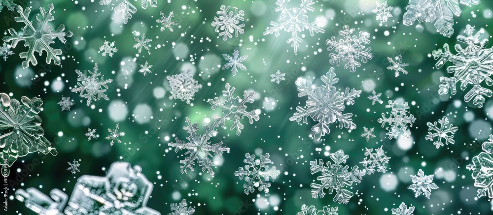 Poster Numerous gorgeous snowflakes set against a green backdrop in a copy space image
