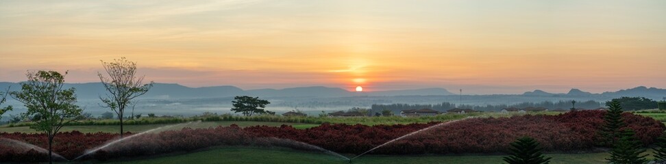 Panorama beautiful garden with village background in fog while sunrise