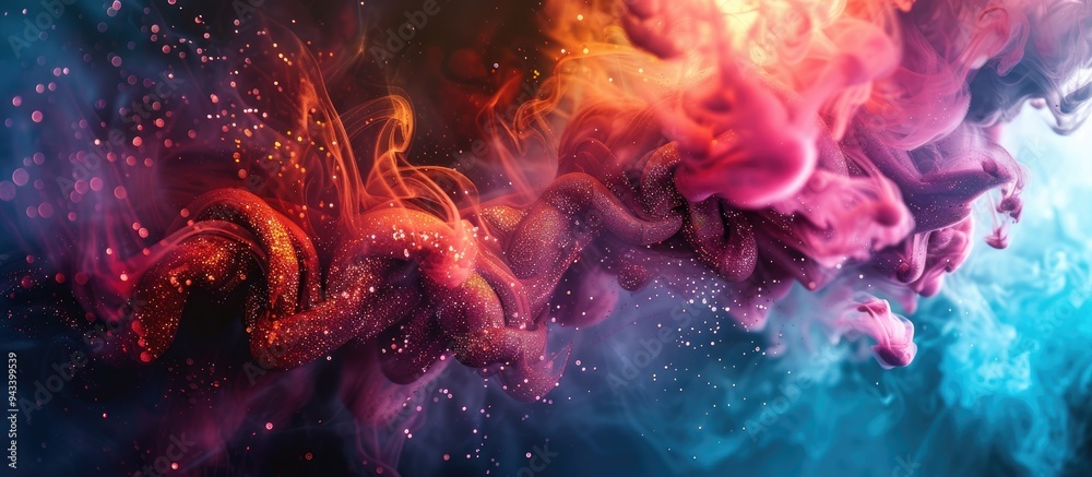 Poster Various shimmering elements like glitter ink and smoke create a captivating mix of colors and textures on a dark abstract art backdrop with copy space image