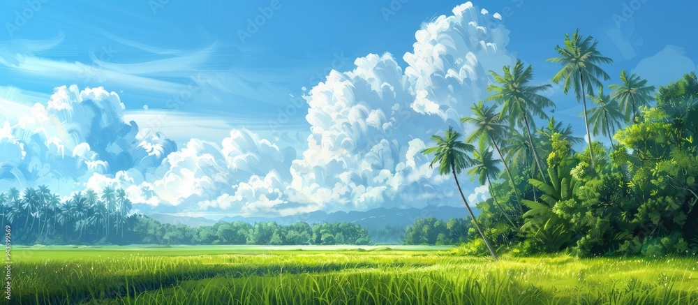 Poster Scenic view of a lush paddy field with coconut trees in the background set against a vibrant sky with white clouds ideal for a copy space image
