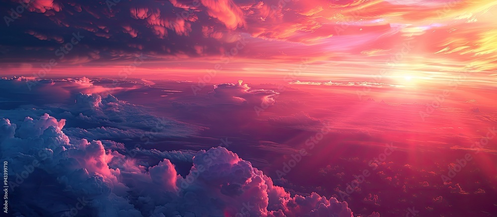 Poster a sunset view captured from an airplane s window showcasing a vibrant sky with a copy space image fo