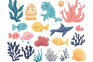 Big set with cute sea animals, shells, corals, seaweed. Kawaii sea life character elements. Generative Ai