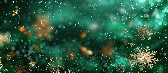 Numerous gorgeous snowflakes set against a green backdrop in a copy space image