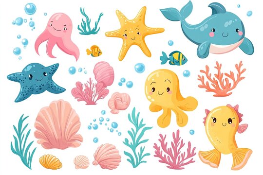 Big set with cute sea animals, shells, corals, seaweed. Kawaii sea life character elements. Generative Ai