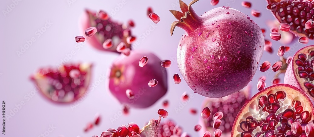 Poster pomegranates with seeds flying in the air against a lilac background with copy space image